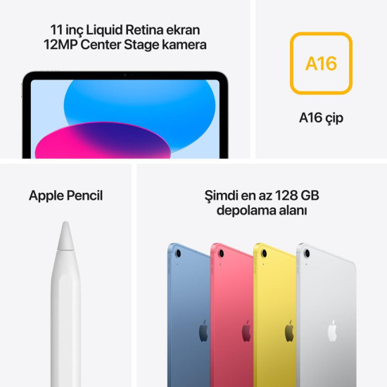 iPad A16 256GB Wi-Fi+Cellular 11''Liquid Retina Ekran iPadOS Tablet Mavi